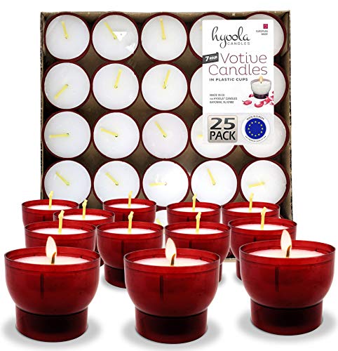 Hyoola Velas votivas sin perfume – Copa de plástico rojo – 7 horas – 25 unidades – fabricado en Europa