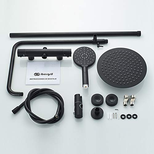 Ibergrif M21808B Sistema-Columna Cuadrado de Ducha Termostática con Rociador, Alcachofa, Manguera, Barra Ajustable y Soporte, Negro, Plata