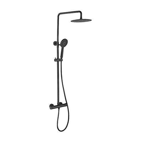 Ibergrif M21808B Sistema-Columna Cuadrado de Ducha Termostática con Rociador, Alcachofa, Manguera, Barra Ajustable y Soporte, Negro, Plata