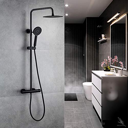 Ibergrif M21808B Sistema-Columna Cuadrado de Ducha Termostática con Rociador, Alcachofa, Manguera, Barra Ajustable y Soporte, Negro, Plata