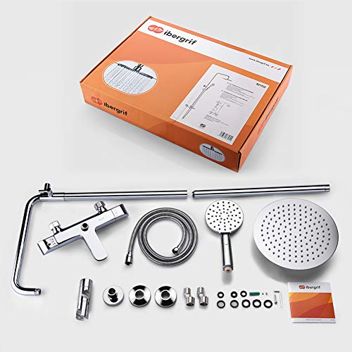 Ibergrif M21810 Sistema Columna de Ducha Termostática con Rociador, Alcachofa, Manguera, Barra Ajustable y Soporte, Cromo, Plata
