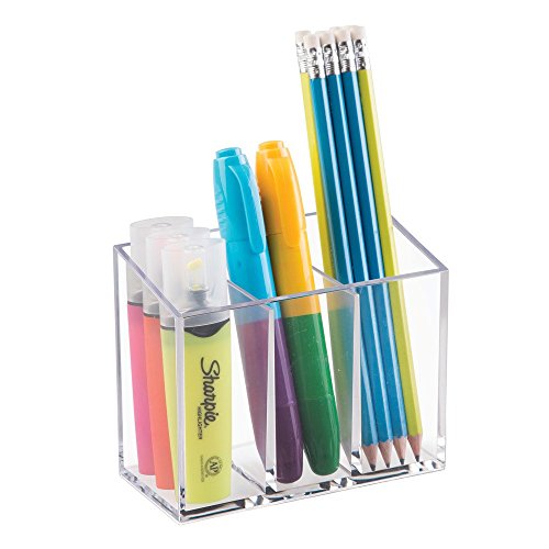 iDesign Organizador de maquillaje con 3 compartimentos, portalápices de baño de plástico, portacepillos de dientes para accesorios de higiene dental, transparente
