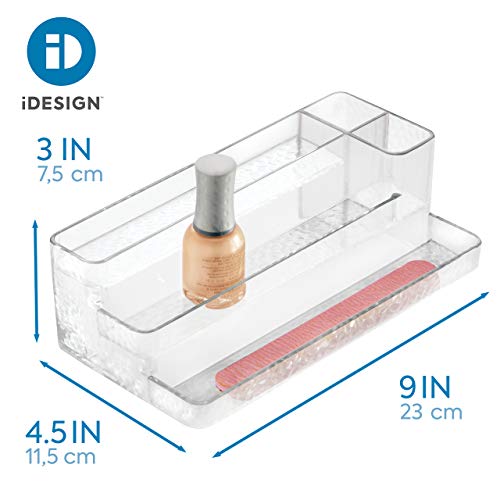 iDesign Organizador de maquillaje, organizador de manicura para esmaltes de uñas o pinceles, caja de plástico con 3 compartimentos para cosméticos, transparente