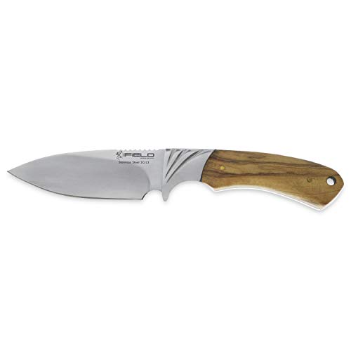 iFIELD Cuchillo de Caza Deportivo Camper EL29018, Mango de Olivo, Hoja de 10,8 cm, Acabado Pulido, virola de Acero, Funda de Piel marrón, Herramienta de Camping para Pesca, Caza, Actividad Deportiva