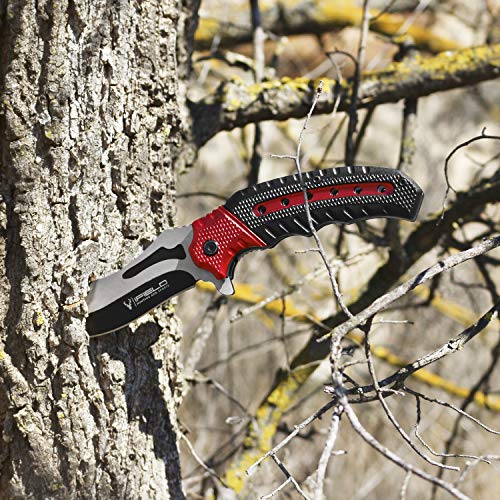 iFIELD Navaja Deportiva asistida Basic EL29030, Mango de Aluminio Color Rojo y Negro, Hoja Negra de 9,5 cm, con Clip portacinturón, Herramienta de Camping para Pesca, Caza, Actividad Deportiva