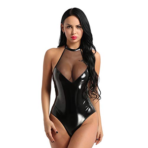 iiniim mono Sexy Body Latex Mujer Ropa Erótica Mini Vestido de Malla Cuero Ropa Interior de Noche Atractiva Lencería Babydoll Camisón Bodysuit Pijama Negro Medium