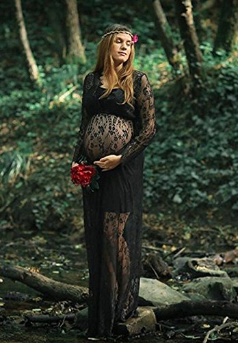iMixCity Vestido de Noche de Las Mujeres Embarazadas Cuello en V Profundo Manga Larga Ver a través del Vestido de Encaje Maxi Vestido de Playa Vestido de Maternidad Sexy Disparar Vestido (XXL, Negro)