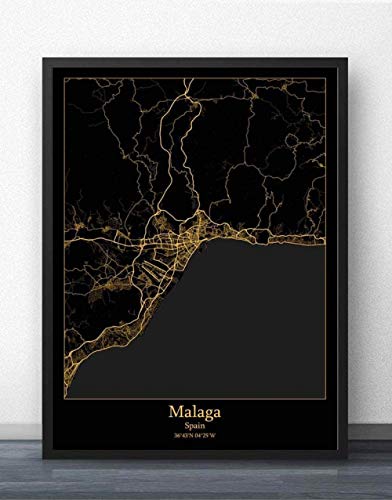 Impresión De Lienzo,España Mapa De La Ciudad De Málaga Arte Mural Simple Cartel Dorado Negro Pop Pintura Minimalista Oficina De Vida Modular Cultura Personalizada Tinta Decoración Del Espacio, 40