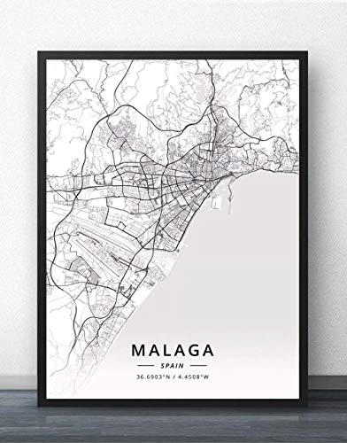 Impresión De Lienzo,España Mapa De La Ciudad De Málaga Arte Mural Simple Cartel En Blanco Y Negro Pintura Minimalista Pop Oficina De Vida Modular Cultura Personalizada Decoración Del Espacio De T