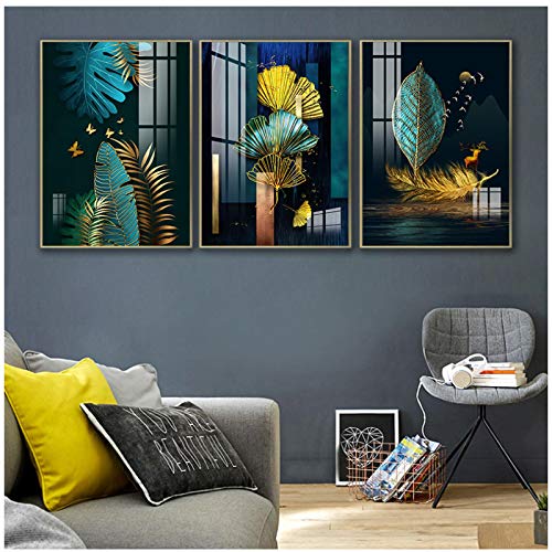 Impresiones en lienzo Combinación nórdica pintura decorativa hojas de plumas doradas póster de arte de pared para sala de estar 50x70cm x3Sin marco