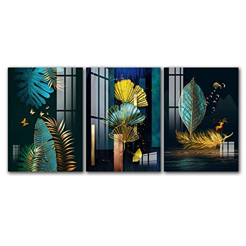 Impresiones en lienzo Combinación nórdica pintura decorativa hojas de plumas doradas póster de arte de pared para sala de estar 50x70cm x3Sin marco