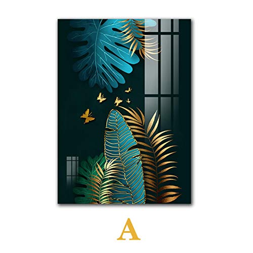 Impresiones en lienzo Combinación nórdica pintura decorativa hojas de plumas doradas póster de arte de pared para sala de estar 50x70cm x3Sin marco