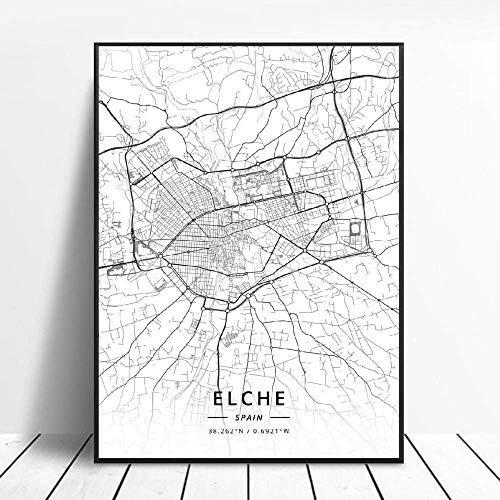Impresiones Sobre Lienzo Póster De Lienzo Artístico De La Ciudad En Blanco Y Negro De Elche España,Arte Retro Simple Moderno,Imagen De Latitud Y Longitud,Decoración Del Hogar,Póster De Impresión