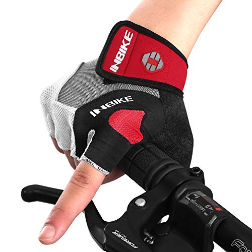 INBIKE Guantes Ciclismo, Guantes de Gel Dedo Medio Verano para MTB Bicicleta Hombre(Rojo,L)