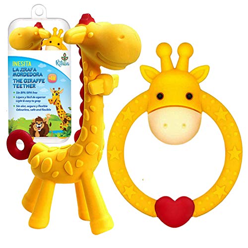 Inesita Jirafa mordedor bebé de Ritalia. Juguete bebé a partir 4 meses. Mordedores bebes refrigerante niño/niña (Amarillo 2 u)