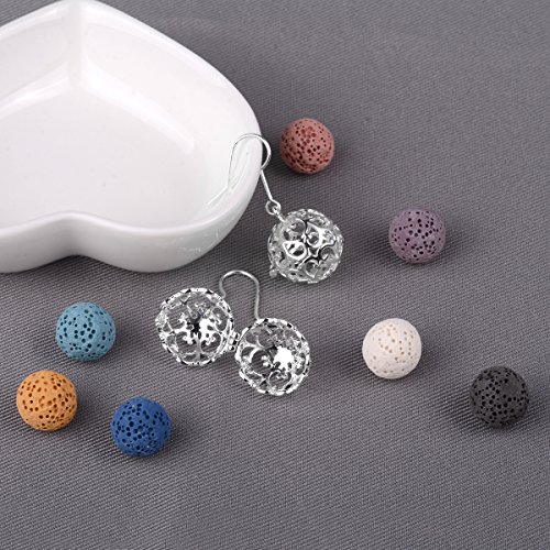 INFUSEU Pendientes de gota para mujer, aceite esencial Perfume Gancho Cuelga Difusor Vida Ratán Locket plateado plata con 6 pares de piedras de lava 12 mm