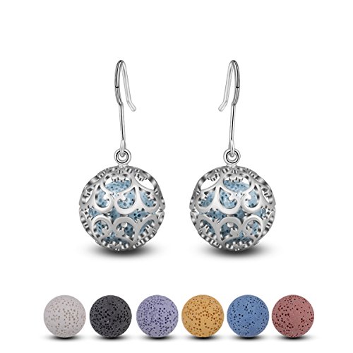 INFUSEU Pendientes de gota para mujer, aceite esencial Perfume Gancho Cuelga Difusor Vida Ratán Locket plateado plata con 6 pares de piedras de lava 12 mm
