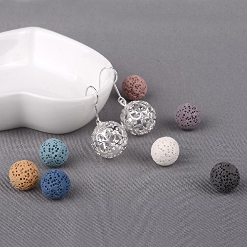 INFUSEU Pendientes de gota para mujer, aceite esencial Perfume Gancho Cuelga Difusor Vida Ratán Locket plateado plata con 6 pares de piedras de lava 12 mm