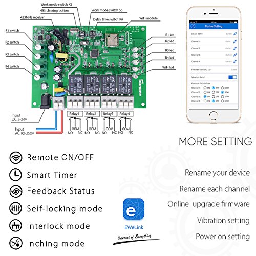 Interruptor Inalámbrico Inteligente WiFi - 4CH Pro R2 - 4 Canales Conmutador de Control Remoto del Temporizador con Inching /Autobloqueo /Enclavamiento para Alexa+Soporte de Teléfono