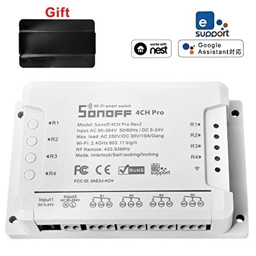 Interruptor Inalámbrico Inteligente WiFi - 4CH Pro R2 - 4 Canales Conmutador de Control Remoto del Temporizador con Inching /Autobloqueo /Enclavamiento para Alexa+Soporte de Teléfono