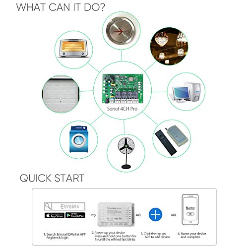 Interruptor Inalámbrico Inteligente WiFi - 4CH Pro R2 - 4 Canales Conmutador de Control Remoto del Temporizador con Inching /Autobloqueo /Enclavamiento para Alexa+Soporte de Teléfono
