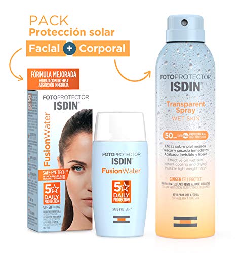 ISDIN Fusion Water Fotoprotector Facial SPF 50, de Fase Acuosa para Uso Diario, Textura Ultra Ligera + Fotoprotector ISDIN Transparent Wet Skin SPF 50, Spray transparente, Ginger Cell Protect 250 ml