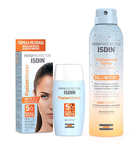 ISDIN Fusion Water Fotoprotector Facial SPF 50, de Fase Acuosa para Uso Diario, Textura Ultra Ligera + Fotoprotector ISDIN Transparent Wet Skin SPF 50, Spray transparente, Ginger Cell Protect 250 ml