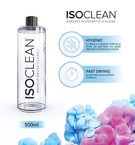 Isoclean Antibacterial Makeup Brush Cleaner (500ml) Propan-2-ol Ultrapure® C+ (cosmetic) & Aloe Leaf Extract. High purity, kills 99.9% of bacteria to clean brushes. Gentle on skin, prolong brush life