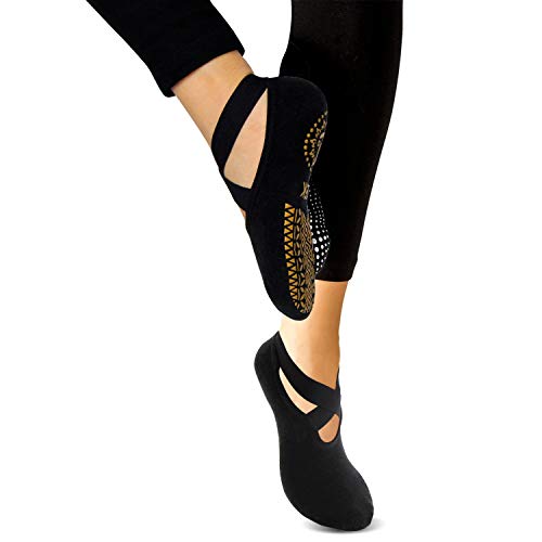 ISUDA Calcetines de Yoga Pilates para Mujer, 2 Pares de Calcetines Pilates Yoga Antideslizantes, con Asas y Correas, para Yoga Pilates, Barra, Ballet, Fitness,Entrenamiento Descalzo(Negro/Azul)