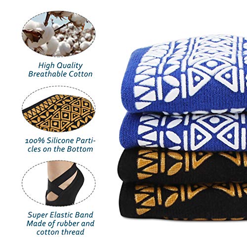 ISUDA Calcetines de Yoga Pilates para Mujer, 2 Pares de Calcetines Pilates Yoga Antideslizantes, con Asas y Correas, para Yoga Pilates, Barra, Ballet, Fitness,Entrenamiento Descalzo(Negro/Azul)