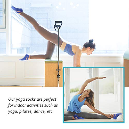 ISUDA Calcetines de Yoga Pilates para Mujer, 2 Pares de Calcetines Pilates Yoga Antideslizantes, con Asas y Correas, para Yoga Pilates, Barra, Ballet, Fitness,Entrenamiento Descalzo(Negro/Azul)
