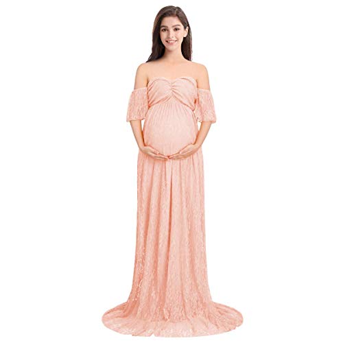 IWEMEK Vestido de Maternidad Mujer Fiesta Largos Boda Mujer Embarazada Encaje Floral Foto Shoot Vestidos Faldas Fotográficas de Maternidad Apoyos de Fotografía Playa Rosa XL