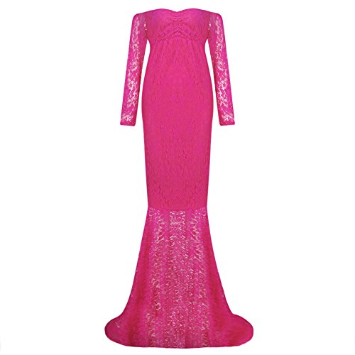 IWEMEK Vestido de Maternidad Mujeres Encaje Fiesta Largos Boda Vestido Embarazada Larga Faldas Fotográficas de Maternidad Apoyos de Fotografía Vestidos de Cóctel Rosa Caliente XL