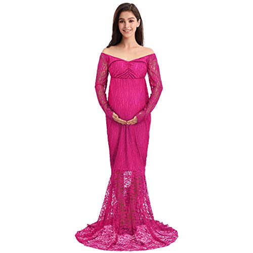 IWEMEK Vestido de Maternidad Mujeres Encaje Fiesta Largos Boda Vestido Embarazada Larga Faldas Fotográficas de Maternidad Apoyos de Fotografía Vestidos de Cóctel Rosa Caliente XL