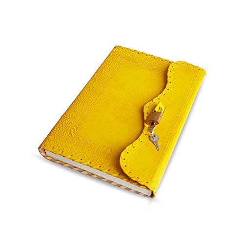 Jaald 25 cm Libreta Notas Cuaderno Hojas Diario Album Hecho a Mano con Cubierta de Cuero y Cerradura Llave Candado - Amarillo