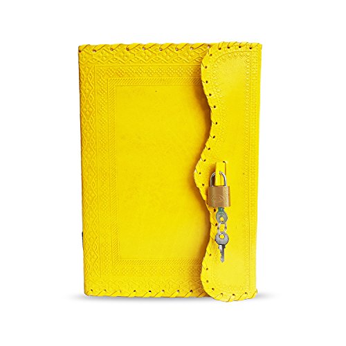 Jaald 25 cm Libreta Notas Cuaderno Hojas Diario Album Hecho a Mano con Cubierta de Cuero y Cerradura Llave Candado - Amarillo