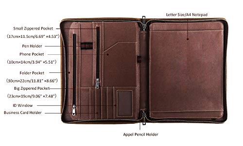 JAALD Folder Portafolio Porta Documentos en Cuero con Cremallera Zipper Profesional A4 Compatible con Ipad Pro 33 cm