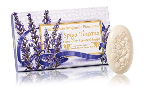Jabón de lavanda, ovalado con relieve tallado ramo de flores, pack regalo de 3 jabones de 100 g, italiano hecho a mano de Fiorentino