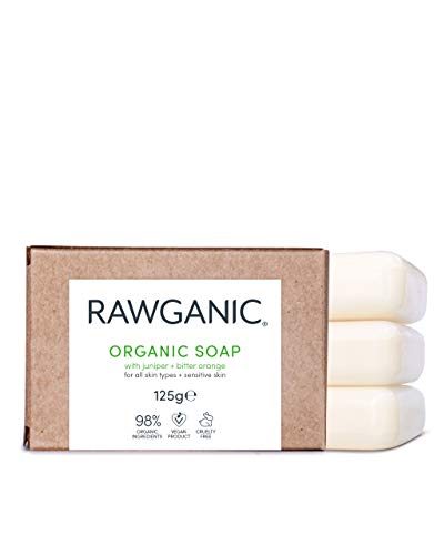 Jabón en barra RAWGANIC | Jabón orgánico calmante, hidratante y biodegradable para manos y cuerpo | con enebro y naranja amarg (set de 3 pastillas)