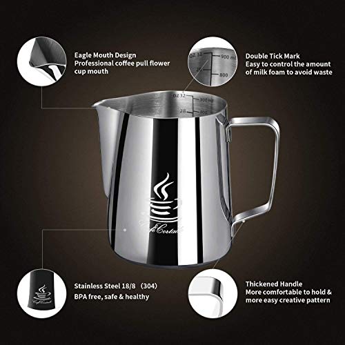 Jarra de Leche de Acero Inoxidable 304, FlamGen 900ml (320z) Taza de Leche para Espuma de Leche Jarra con Marca de Medición | Lápiz Artístico de Leche | 16 Piezas Plantillas de Café Cappuccino y Latte