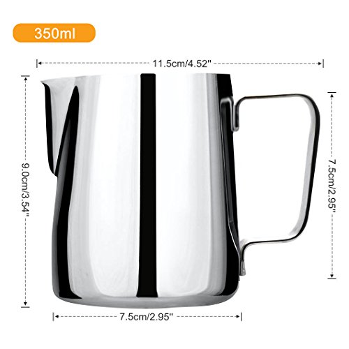 Jarra de leche de acero inoxidable, 350 ml, taza de café de mano con marca de medición y lápiz artístico de leche