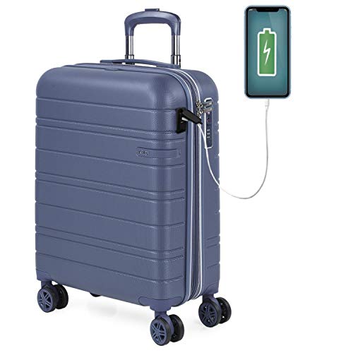 JASLEN - Maleta Pequeña con Ruedas Rígida Extensible. Conexión USB 4 Ruedas Trolley. ABS Liso. Equipaje de Mano. Dura Cómoda y Ligera. TSA. Calidad Fin de Semana Estudiante 171250, Color Azul
