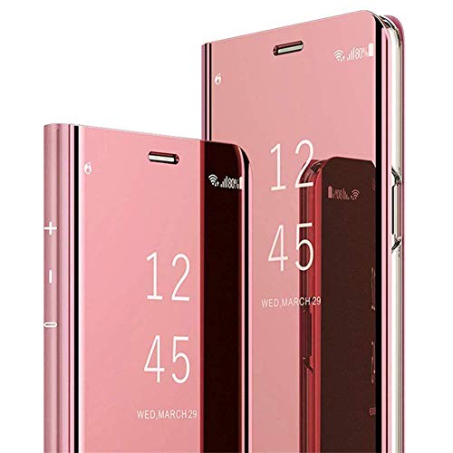 JAWSEU Funda Compatible con Samsung Galaxy A7 2018/A750 Espejo Libro Flip Soporte Plegable Cierre Magnético Funda Transparente Silicona TPU+PC Duro Completo Protectora Carcasa con Enchapado,Oro Rosa