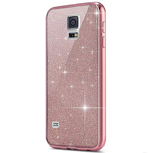 JAWSEU Funda Compatible con Samsung Galaxy S5 Brillante Brillo Glitter Suave TPU Goma Silicona Parachoques Enchapado Funda Transparente Ultra Delgado Antigolpes Protectora Estuches Carcasas,Oro Rosa