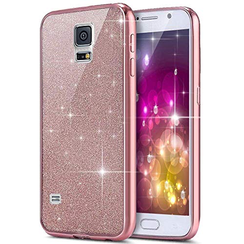 JAWSEU Funda Compatible con Samsung Galaxy S5 Brillante Brillo Glitter Suave TPU Goma Silicona Parachoques Enchapado Funda Transparente Ultra Delgado Antigolpes Protectora Estuches Carcasas,Oro Rosa