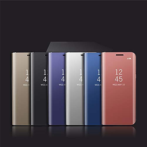 JAWSEU Funda Espejo Compatible con Samsung Galaxy A6 Plus 2018 Flip Tapa Libro Caso Duro Ultra Delgada Brillante Standing Translucent Window View Delantera y Trasera Completa Protectora Carcasa,Oro