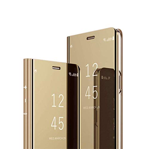 JAWSEU Funda Espejo Compatible con Samsung Galaxy A6 Plus 2018 Flip Tapa Libro Caso Duro Ultra Delgada Brillante Standing Translucent Window View Delantera y Trasera Completa Protectora Carcasa,Oro