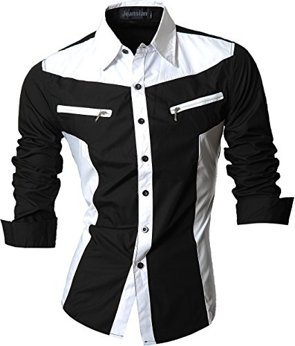 jeansian De Manga Larga De Los Hombres De Moda Slim Fit Camisas Men Fashion Shirts Z018 Black XXL