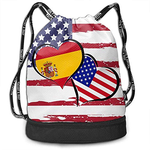 jenny-shop España Bandera Americana Corazones Amor Bolso con cordón Mochila de Cuerda Multifuncional Mochila Cinch Personalizada Saco de Gimnasio Deportivo