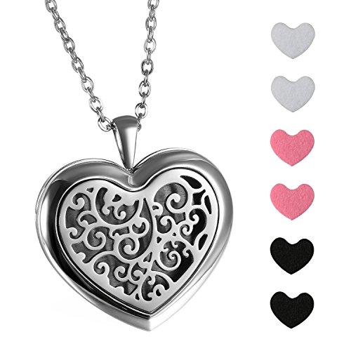 JewelryWe Día de la Madre Collar con Colgante de Aromaterapia Difusor de Aceites Esenciales, Corazón Colgante Medallón Collar de Perfume Regalo Original 2 Piezas